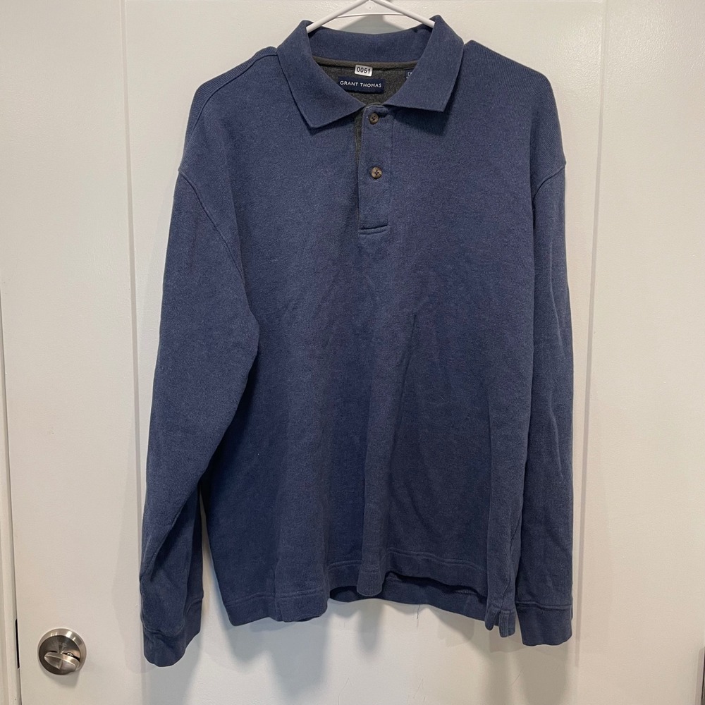 Grant Thomas Mens Blue Long Sleeve Cotton Knit Polo Shirt Large RN 13711